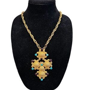 Original by Robert Vtg Beaded Cross Gold Rhinestone Colored Statement Necklace